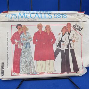 McCall's 5818 Sewing Pattern Misses Men's Robe Jacket Pants Size Large 1977 FF?